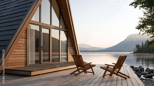 cozy A Frame cabin beside peaceful mountain lake, soft sunrise, wooden deck with outdoor chairs, natural landscape, bright airy atmosphere, generous negative space for text, premium stock photography