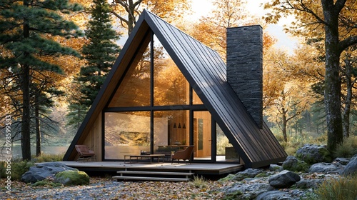 luxury eco A Frame cabin surrounded by autumn forest, floor to ceiling windows reflecting nature, warm sunlight, minimalist architecture, premium travel photography