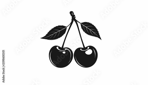 Fotografija Two Black Cherries with Green Leaves.