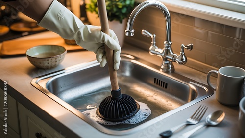 Person using a sink plunger to fix a clogged kitchen drain