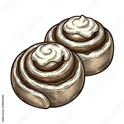 Fotografie Two swirled cinnamon rolls with a dollop of cream topping
