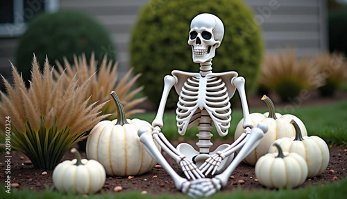 Skeleton enjoying Halloween spirit in a garden with pumpkins and grasses