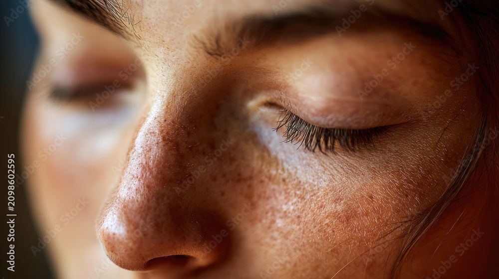 Naklejka premium Close-up of a woman's freckled face, eyes closed