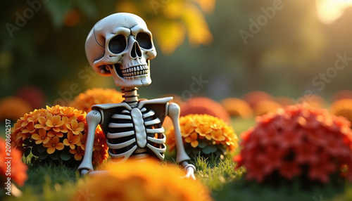 Skeleton relaxing among vibrant flowers in a colorful garden with a bright sunset
