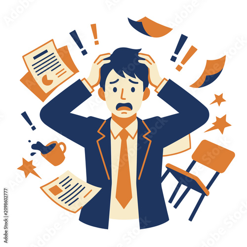 Foto Stressed businessman overwhelmed by flying paperwork and office chaos