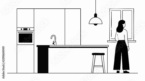 Photos Minimalist black and white line art of a woman in a modern kitchen