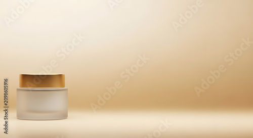 Minimalist skincare cosmetic jar on beige background.