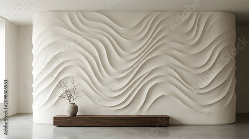 Modern interior room with large wavy 3D accent wall.