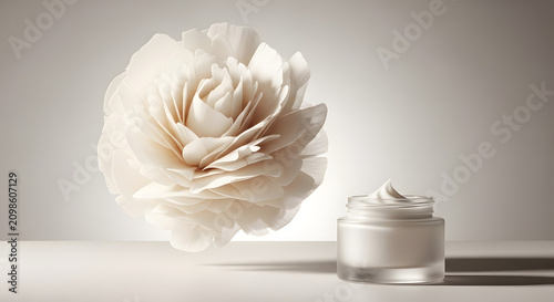 Moisturizing cream jar with white flower on soft background.