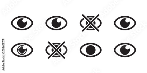 Set of black eye icons, web buttons for show and hide password in application.