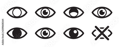 Set of black eye icons, web buttons for show and hide password in application.