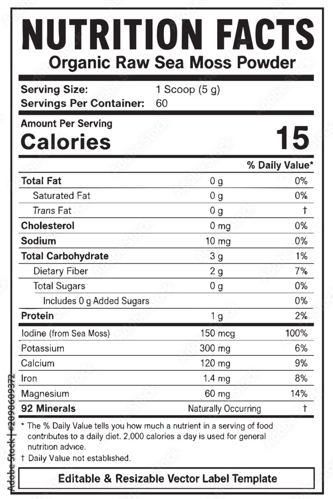 Fototapeta premium nutrition facts vector label template for organic raw sea moss powder