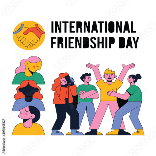 Diverse group of people and clasped hands colorful vector illustration for friendship day friends community