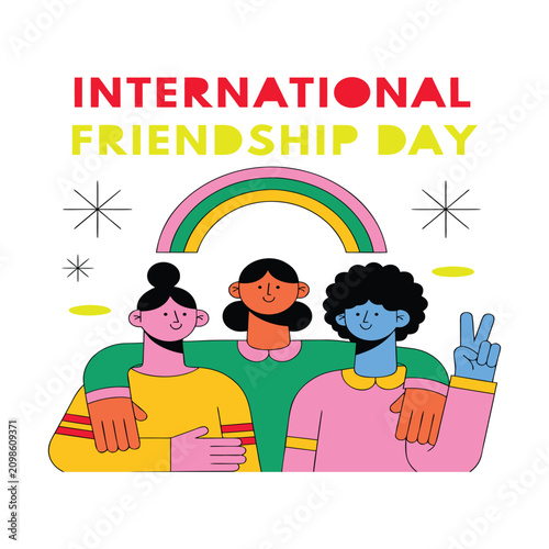 Vector illustration of three people with a rainbow and stars friendship day theme friends companions