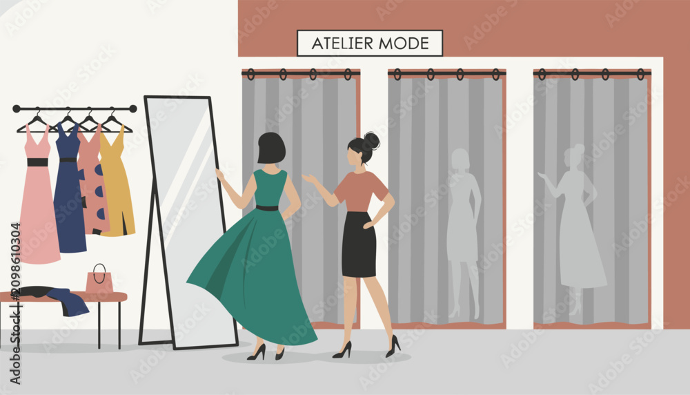 Obraz premium Two female friends choosing dresses in a fashion atelier fitting room with three cabins and a full length mirror.