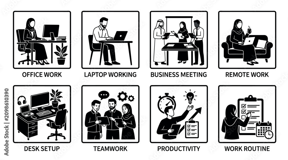 Fototapeta premium Office Work Icons and Professional Activity Illustrations