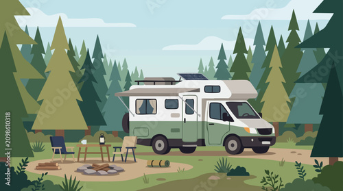 Foto RV camping in a peaceful pine forest with a cozy campsite setup