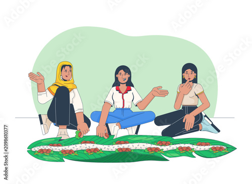 Women enjoying traditional kembulan communal dining 2D vector illustration. Indonesians eating together from banana leaf with rice and meat flat characters isolated on white. Colorful cartoon image