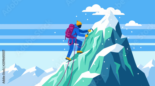 Photos Flat illustration of a mountaineer ascending a snowy mountain peak
