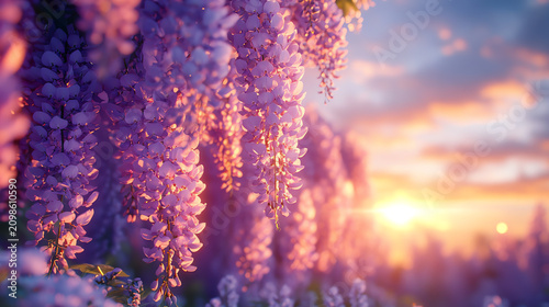 Stunning purple wisteria flowers blooming at sunset, creating a dreamy atmosphere and capturing nature's beauty.