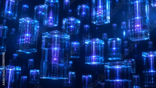 Futuristic AI data network with glowing digital nodes. 3D quantum computing crystals floating in cyber grid for high-tech innovation.