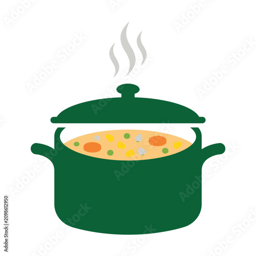 Canvas Print A green pot of hot vegetable soup is steaming away
