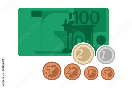 Foto Euro banknote and various coin denominations on white