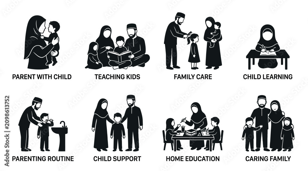 Fototapeta premium Family Parenting Icons and Child Care Illustrations
