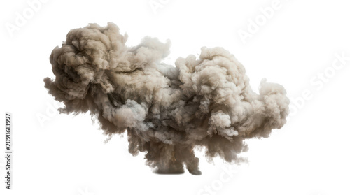 Fotografie Dense billowing clouds of light brown and grey smoke erupting outwards on a whit
