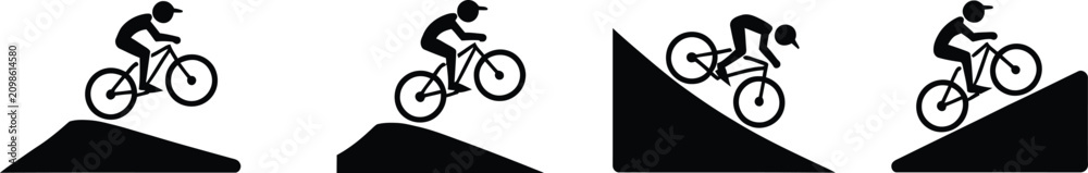 Obraz premium Mountain bike vector icons, cyclist performing jumps, downhill cycling and BMX style stunt symbols for sports branding, trails and adventure graphics.