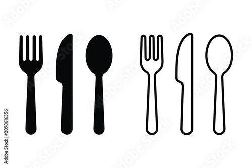 Photos Cutlery set icon, featuring a fork, knife, and spoon for dining, in solid and outline styles