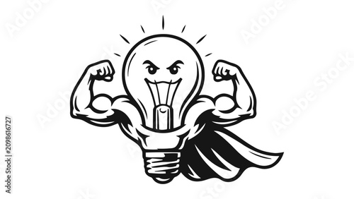 Konstfotografi Cartoon muscular light bulb character flexing its powerful arms wearing a cape s