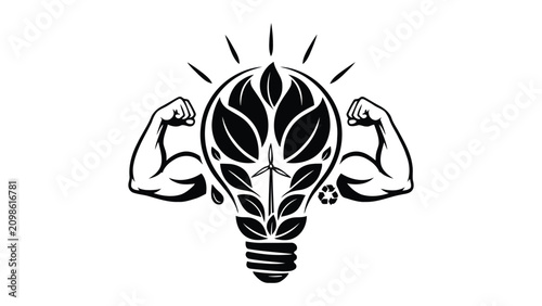 Tableau sur toile Symbol of strong sustainable energy represented by a flexing muscular arm holdin