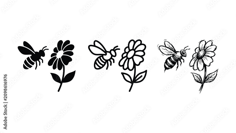Obraz premium Collection of three different bee and flower illustrations in various artistic styles