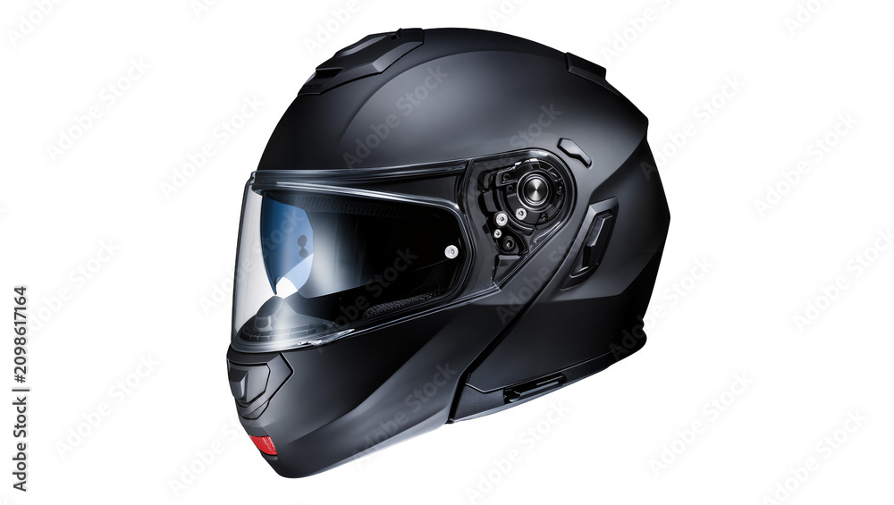 Obraz premium Matte black modular motorcycle helmet with clear visor, isolated on transparent background