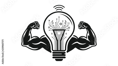 Photos Strong light bulb with integrated circuit and flexing arms concept of technologi