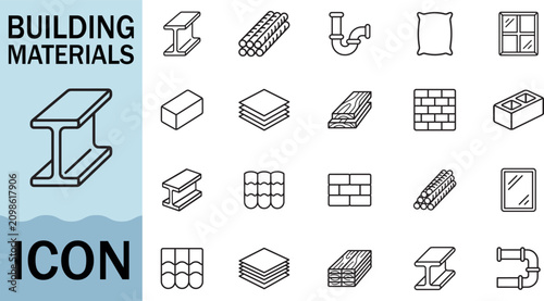 Industrial construction building materials icon set line art