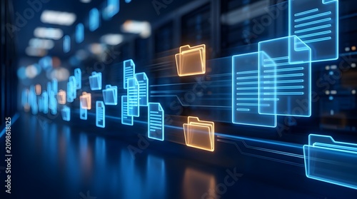 Glowing digital files and folders flowing through a high-tech server room, symbolizing secure data management and cloud storage solutions.