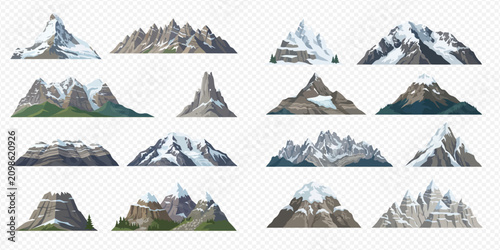Konstfotografi Set of various mountain peaks with snow and rocks, isolated on a transparent background, depicting diverse natural landscapes