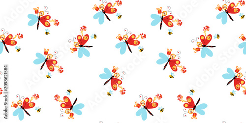 Funny seamless pattern with fairytale butterflies. Festive vector design