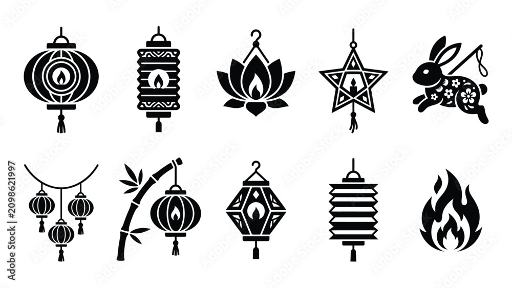 Naklejka premium Detailed black and white mid autumn festival lantern icons with flame symbols and patterns.