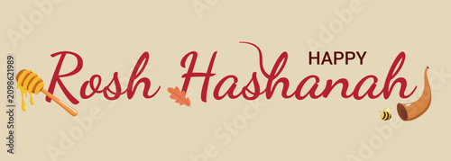 Cuadro en lienzo Happy Rosh Hashanah design with honey dipper, shofar, bee, and autumn leaf, fest