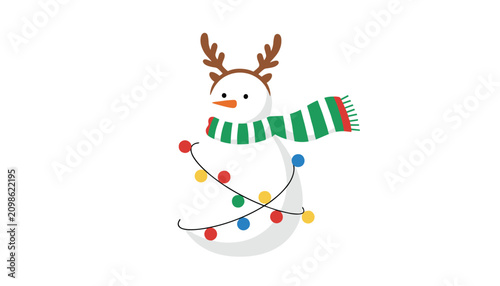 Cute winter snowman wearing reindeer antlers and striped scarf wrapped in colorful Christmas light garland.