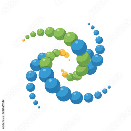 A vibrant abstract spiral pattern made of colorful spheres on a white background