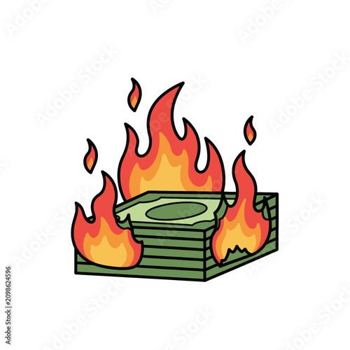 A stack of paper currency is engulfed in bright orange and yellow flames