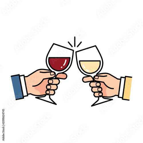 Two hands holding wine glasses together in a celebratory toast