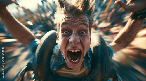 > Pure adrenaline rush: Thrilled young man with windblown hair screaming in extreme excitement on a high-speed roller coaster