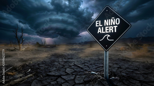 El Niño Alert Conceptual Road Sign in a Desolate Barren Climate Crisis Landscape. Climate Change Warning El Niño Alert Sign Against a Dark Supercell Storm Sky.