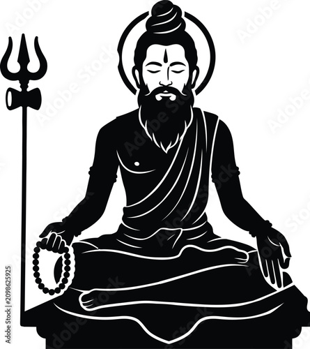 Meditating Indian sage with a long beard holding a mala and a trident symbol
