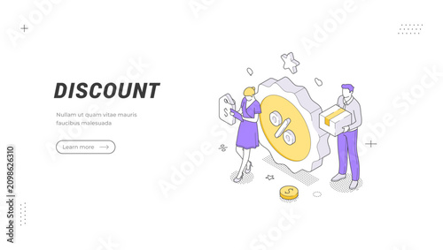 Bitcoin sale and digital currency investment isometric banner template. Vector illustration of a price reduction for a blockchain technology project. Financial analytics and crypto market concept